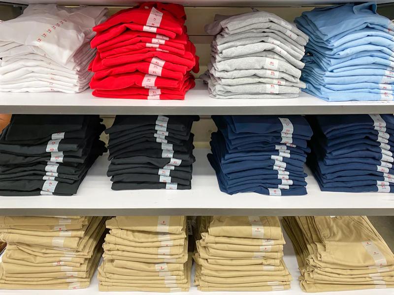 uniform top and pants folded on shelves