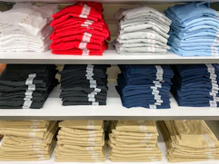 uniform top and pants folded on shelves