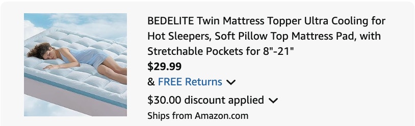 mattress topper Amazon receipt