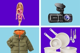 Barbie doll, dash cam, Ozark Trail kids' coat, and Carote cookware