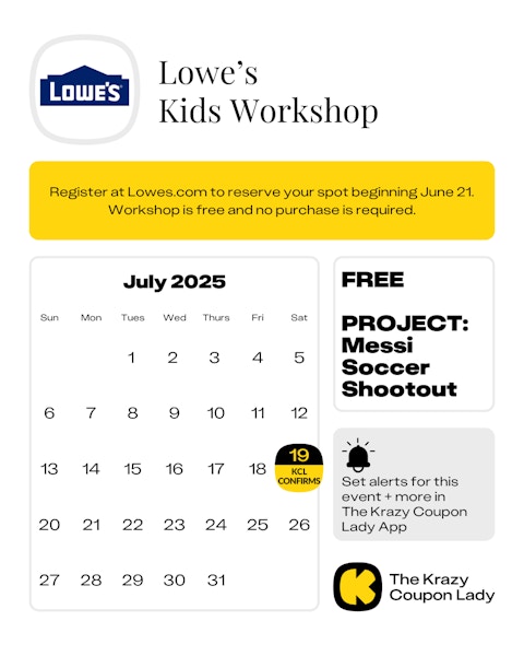 Calendar Graphic with Lowe's Kids Workshop for July 19 2025