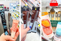 collage image of essence, loreal, real techniques, and ecotools cosmetics products