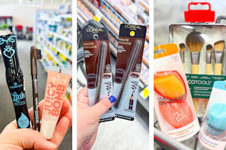 collage image of essence, loreal, real techniques, and ecotools cosmetics products