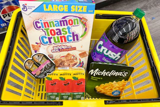 dollar general groceries in a yellow shopping basket