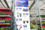 a woman holding an american flag next to a lowes cart in the garden center      