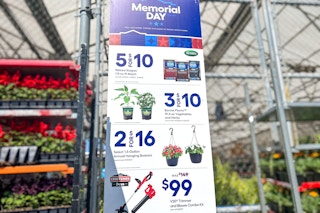 a woman holding an american flag next to a lowes cart in the garden center      