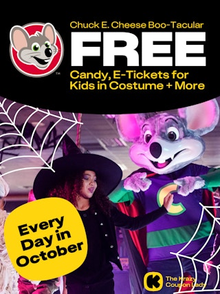 a graphic with chuck e cheese and a child dressed as a witch for chuck e cheese boo tacular event