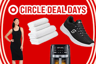 women's dress, white towel set, womens' skechers, and Gourmia air fryer