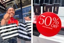 a person holding sephora bags outside of the store, and a 50% off sale sign