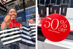 a person holding sephora bags outside of the store, and a 50% off sale sign