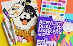 a pack of acrylic marker on top of a drawing with three markers