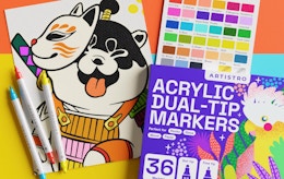 a pack of acrylic marker on top of a drawing with three markers