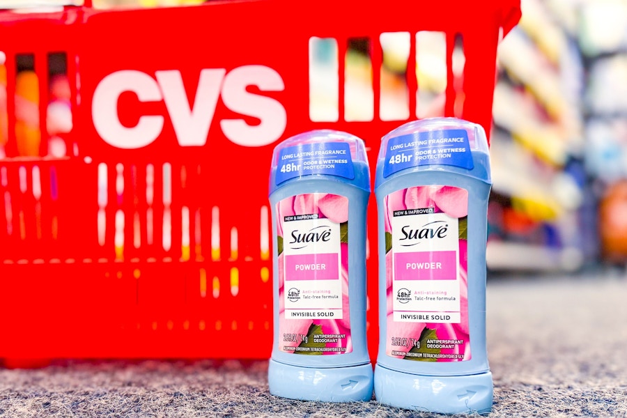 2 suave deodorants by a cvs shopping basket