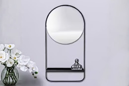 Lifestyle image of the round farmhouse style mirror shelf from the brand Storied Home at The Home Depot