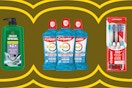 Amazon essentials collage: Body wash, mouth wash, toothbursh