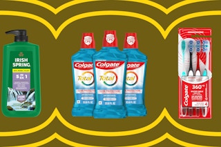 Amazon essentials collage: Body wash, mouth wash, toothbursh