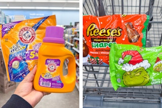 hand holding detergent and candy in cart
