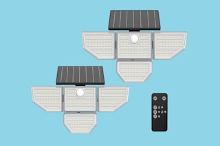 two solar lights and a remote on a light blue background