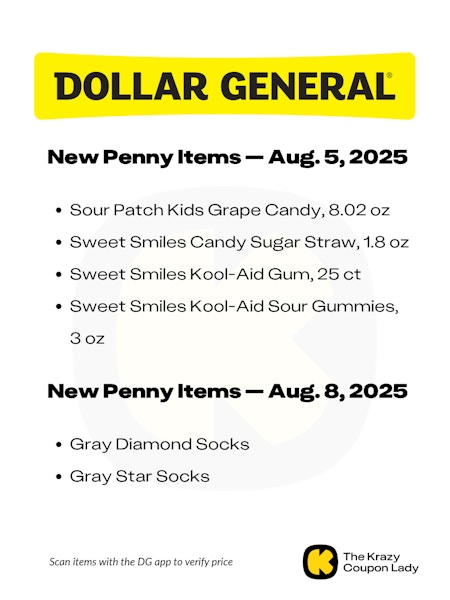 Graphic with Dollar General Penny List for August 5 2025