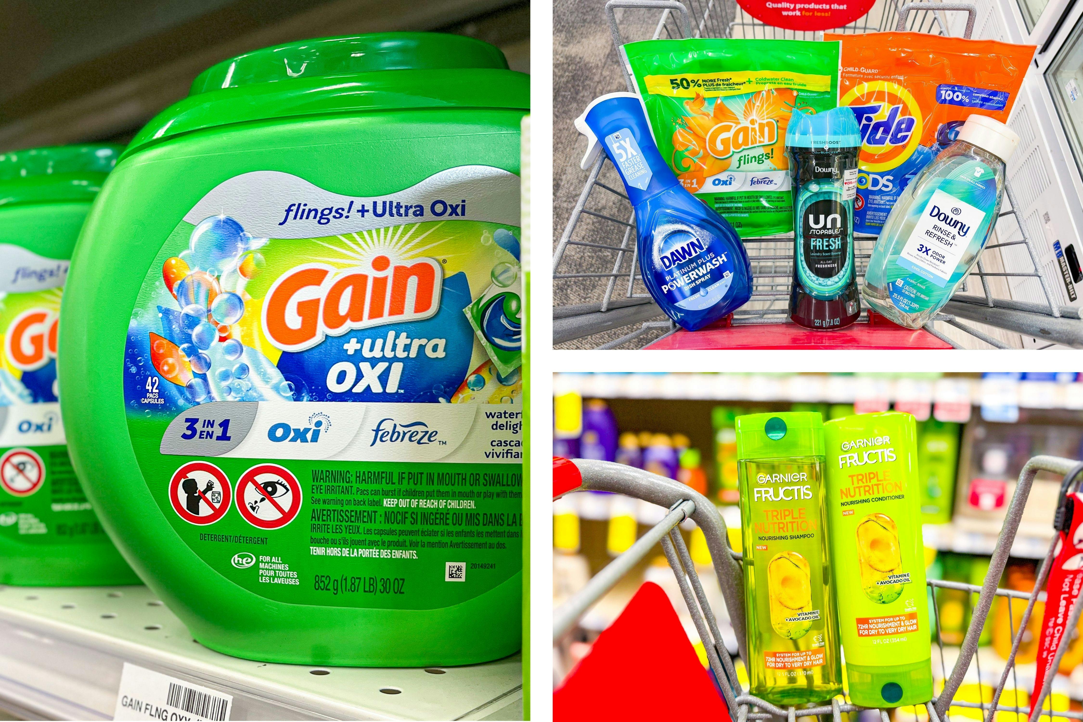 collage image of gain flings, garnier shampoo, and dawn, downy, and tide household products