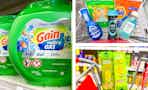 collage image of gain flings, garnier shampoo, and dawn, downy, and tide household products