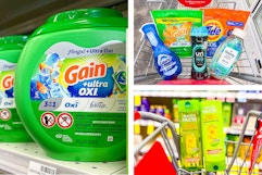collage image of gain flings, garnier shampoo, and dawn, downy, and tide household products