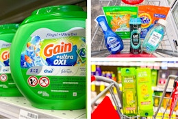 collage image of gain flings, garnier shampoo, and dawn, downy, and tide household products