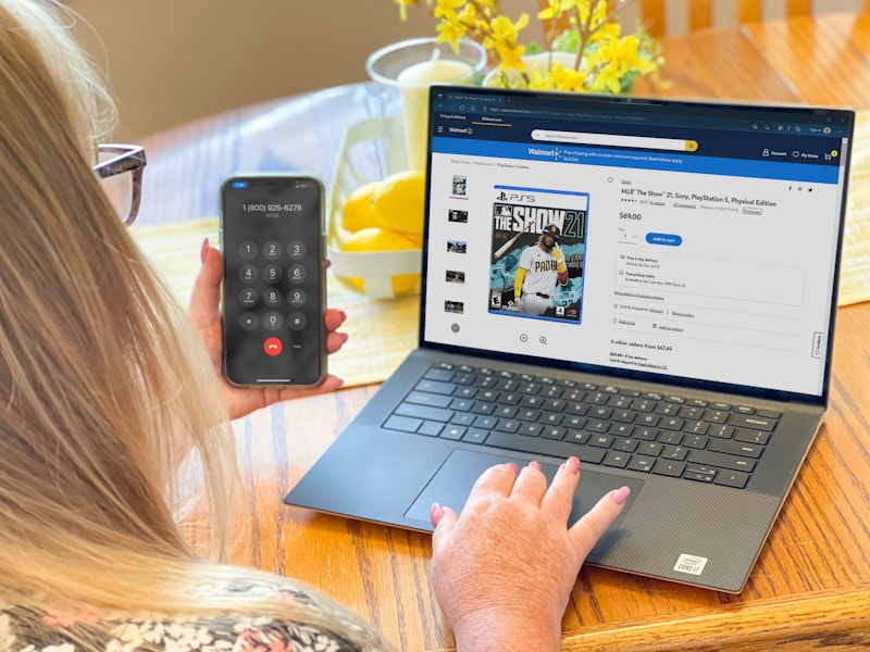 close up of woman looking up walmart.com items and calling customer service