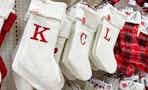 Letter Christmas Stockings displayed to spell out KCL in stores at Target