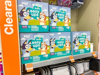 pampers easy ups boxes on a clearance shelf