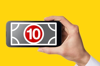 a hand holding a phone that has $10 on it 