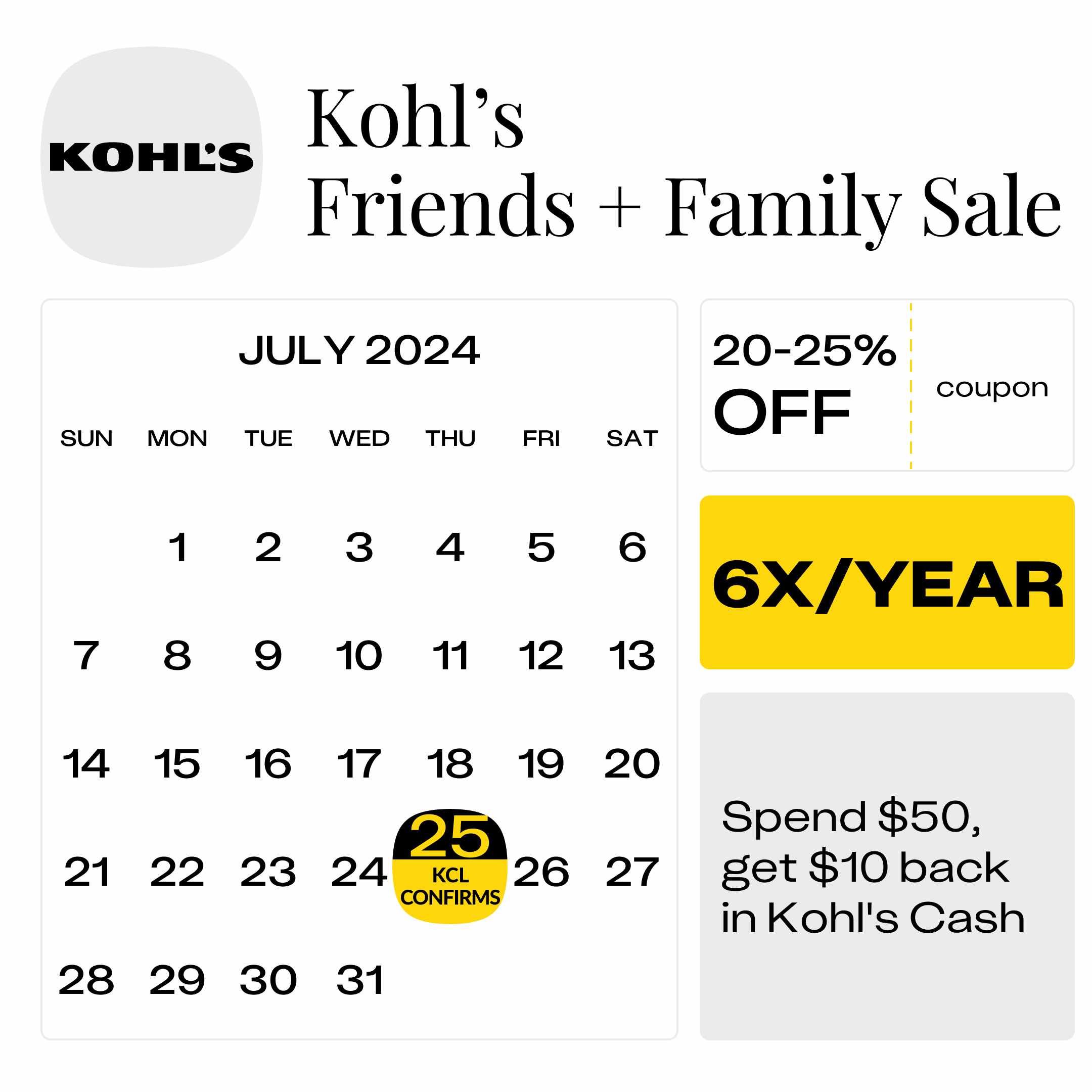 KCL confirms calendar Kohl's Friends & Family July 2024