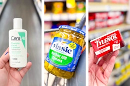 collage image of cerave cleanser, vlasic pickles, and tylenol