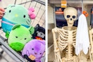 collage with squishmallows in a cart and a halloween skeleton decoration