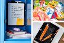 dry erase board, pencil pouch, and a backpack with school supplies