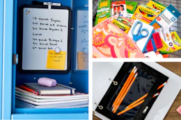 dry erase board, pencil pouch, and a backpack with school supplies