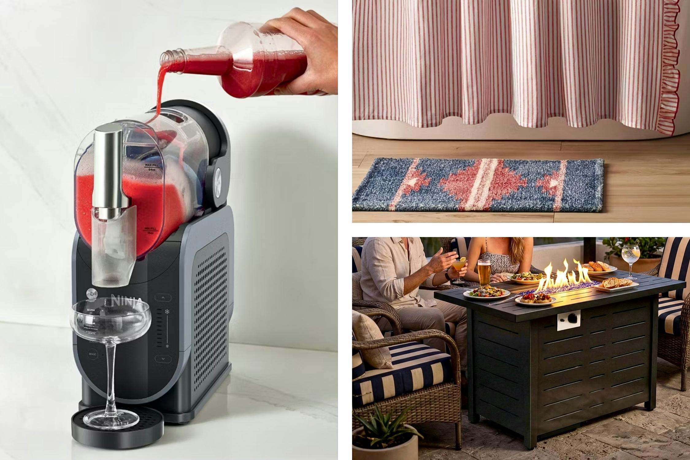 3 lifestyle images of Target deals (Ninja Slushi Maker, Bath Mat & Fire Pit Table)