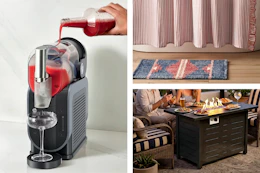 3 lifestyle images of Target deals (Ninja Slushi Maker, Bath Mat & Fire Pit Table)