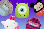 Eeyore, Hello Kitty, Mike Wazowski, Mickey Mouse, and Cheshire Cat plushes