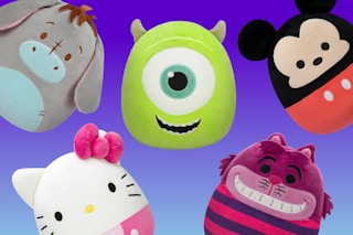 Eeyore, Hello Kitty, Mike Wazowski, Mickey Mouse, and Cheshire Cat plushes