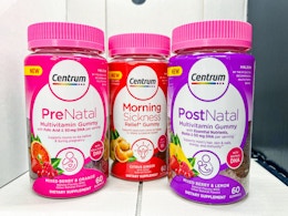 Centrum morning sickness, prenatal and postnatal supplement containers