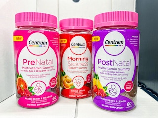 Centrum morning sickness, prenatal and postnatal supplement containers