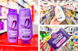 collage image of loreal elvive shampoo, quilted northern toilet paper, and dove hand soap