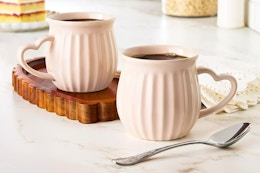 Lifestyle image of the The Pioneer Woman Colette Heart Mug Set in a kitchen setting
