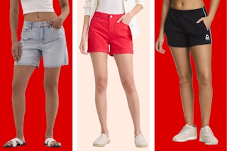 Three pairs of women's shorts: Denim (blue & red) and Reebok gym shorts