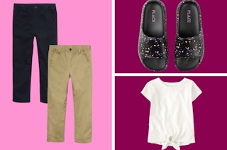 a collage of kids pants, shoes and a top