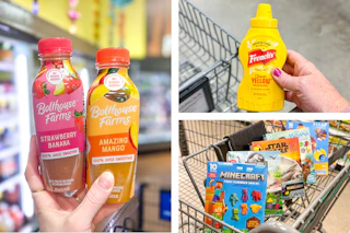 juice mustard fruit snacks collage