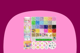A 6,100-piece bead making kit that includes, beads, charms, string, and more. Finished bracelets are shown on the side.