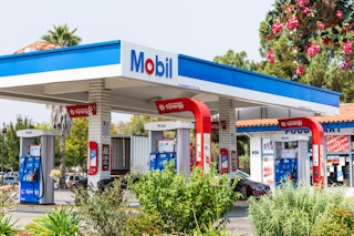 An exterior shot of a Mobil gas staion.