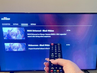 disney plus on tv showing IMAX options for Black Widow